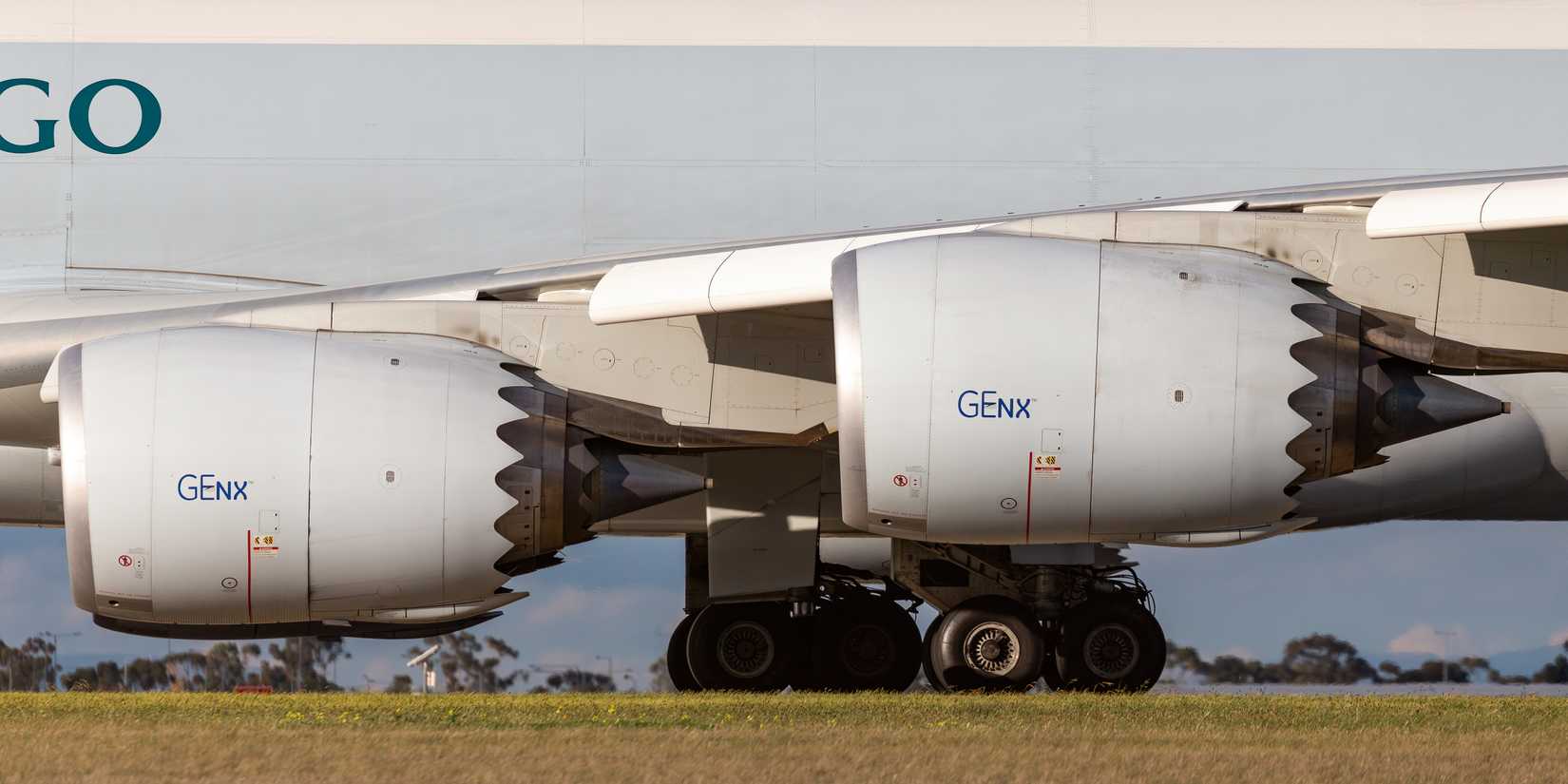 Melbourne, Australia - June 23, 2015, General Electric GEnx large jet engines on Boeing 747-8 cargo aircraft.