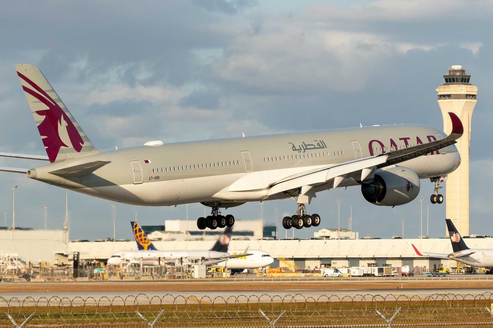 Qatar Airways A350-1000 about to land1 shutterstock_2579456155