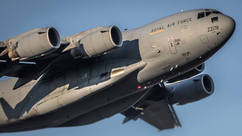 Royal Air Force Boeing C-17 Globemaster passes overhead on approach