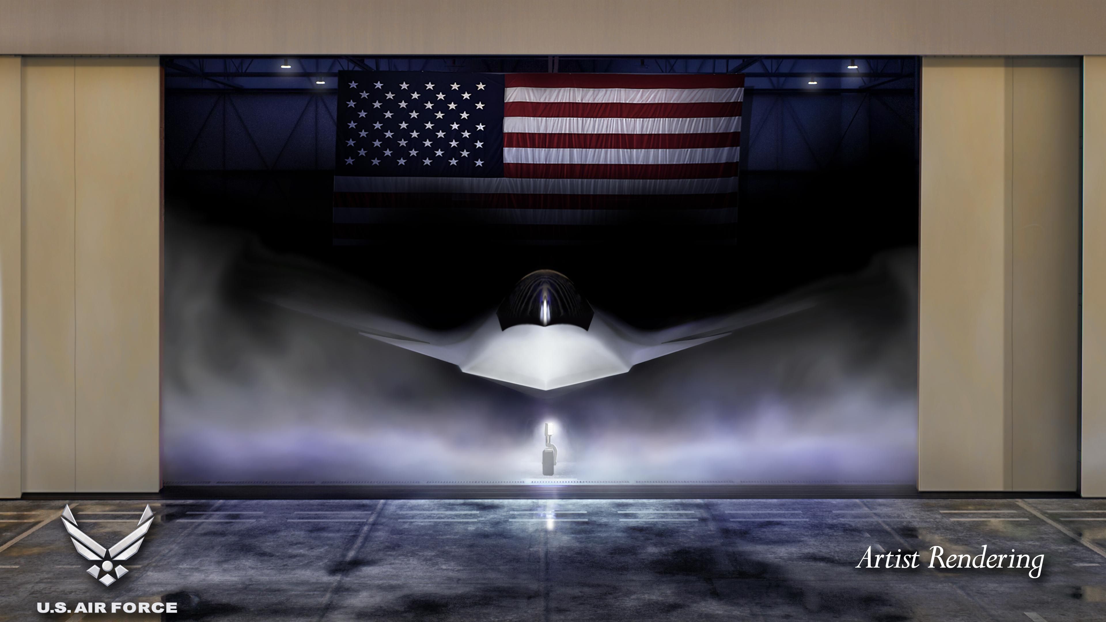 Shown is a graphical artist rendering of the Next Generation Air Dominance (NGAD) Platform. The rendering highlights the Air Force’s sixth generation fighter, the F-47.