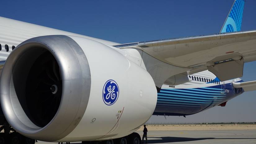A close-up of the turbine engine of Boeing 777X being displayed at Dubai Airshow.