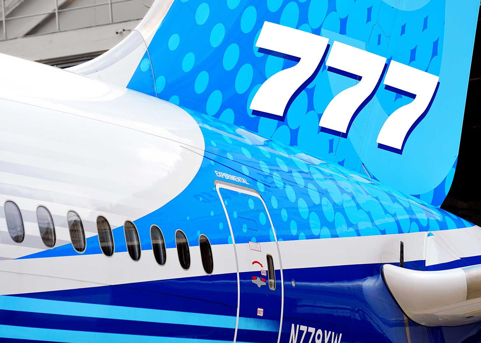 Boeing 777X aircraft close up shot of aircraft tail