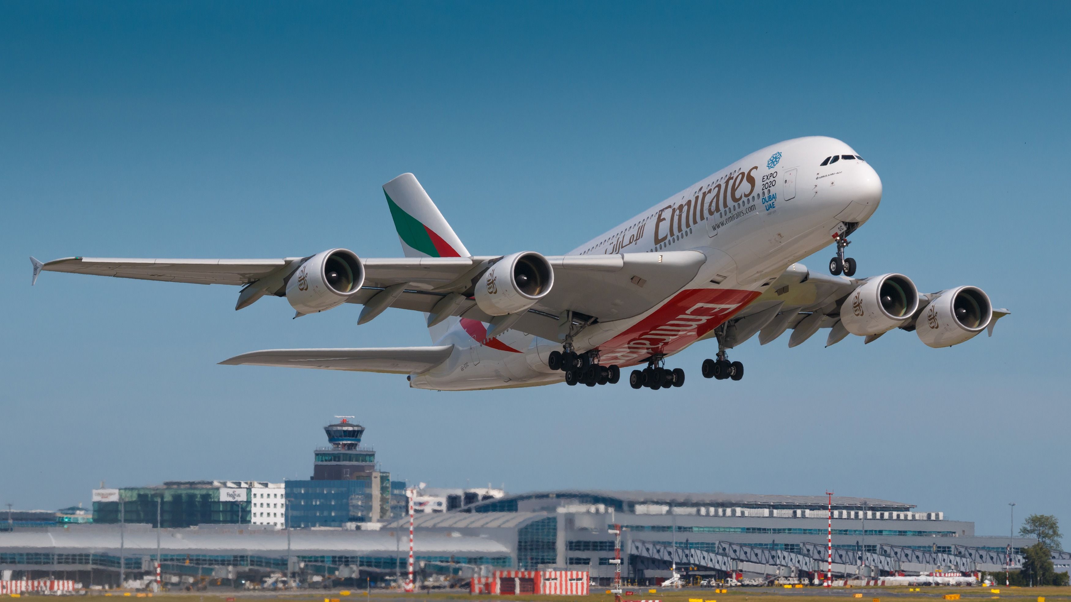 PRAGUE, CZECH REPUBLIC - JUNE 9: Airbus A380-800 Emirates take off from PRG Airport in Prague on June 9, 2017. Emirates is an airline based in Dubai.