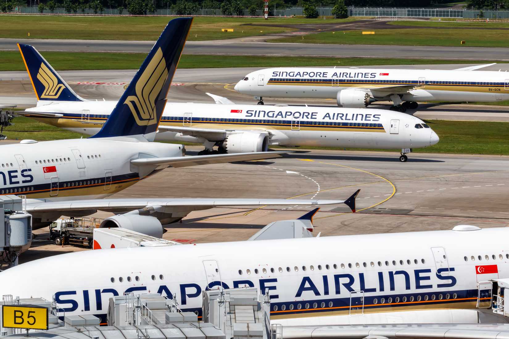 Singapore Airlines airplanes at Changi Airport (SIN) in Singapore.