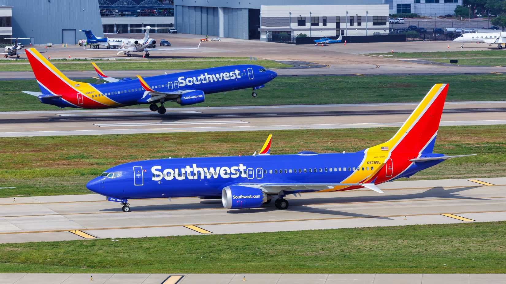 Southwest Boeing 737-8 MAX airplanes at Dallas Love Field Airport (DAL) in the United States.