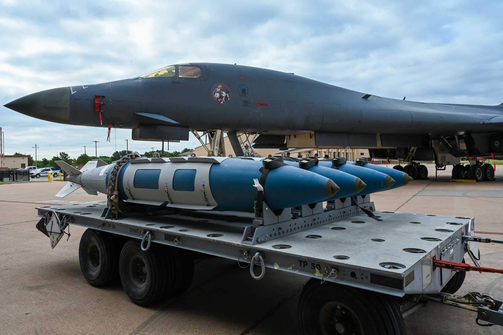 Static displays of GB-38 Joint Direct Attack Munitions and a B-1B Lancer, assigned to the 28th Bomb Squadron.