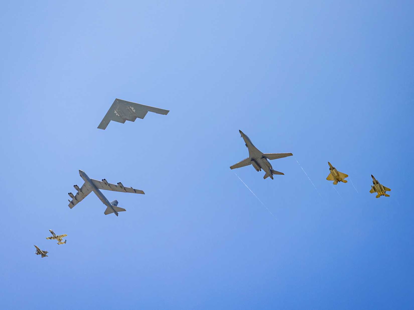 A B-2 Spirit leads a formation of a B-1 Lancer, B-52 Stratofortress, A-10 Warthog, F-16 Fighting Falcon, F-15 Eagle and F-22 Raptor, assigned to Air Combat Command and Global Strike Command.