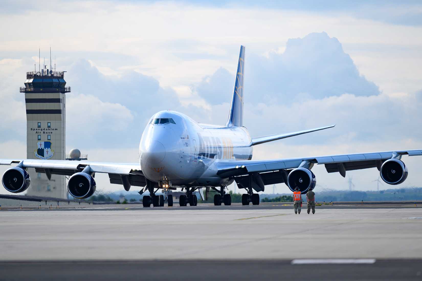 A Boeing 747 aircraft taxis after landing before a cargo offload at Spangdahlem Air Base, Germany, July 28, 2025.