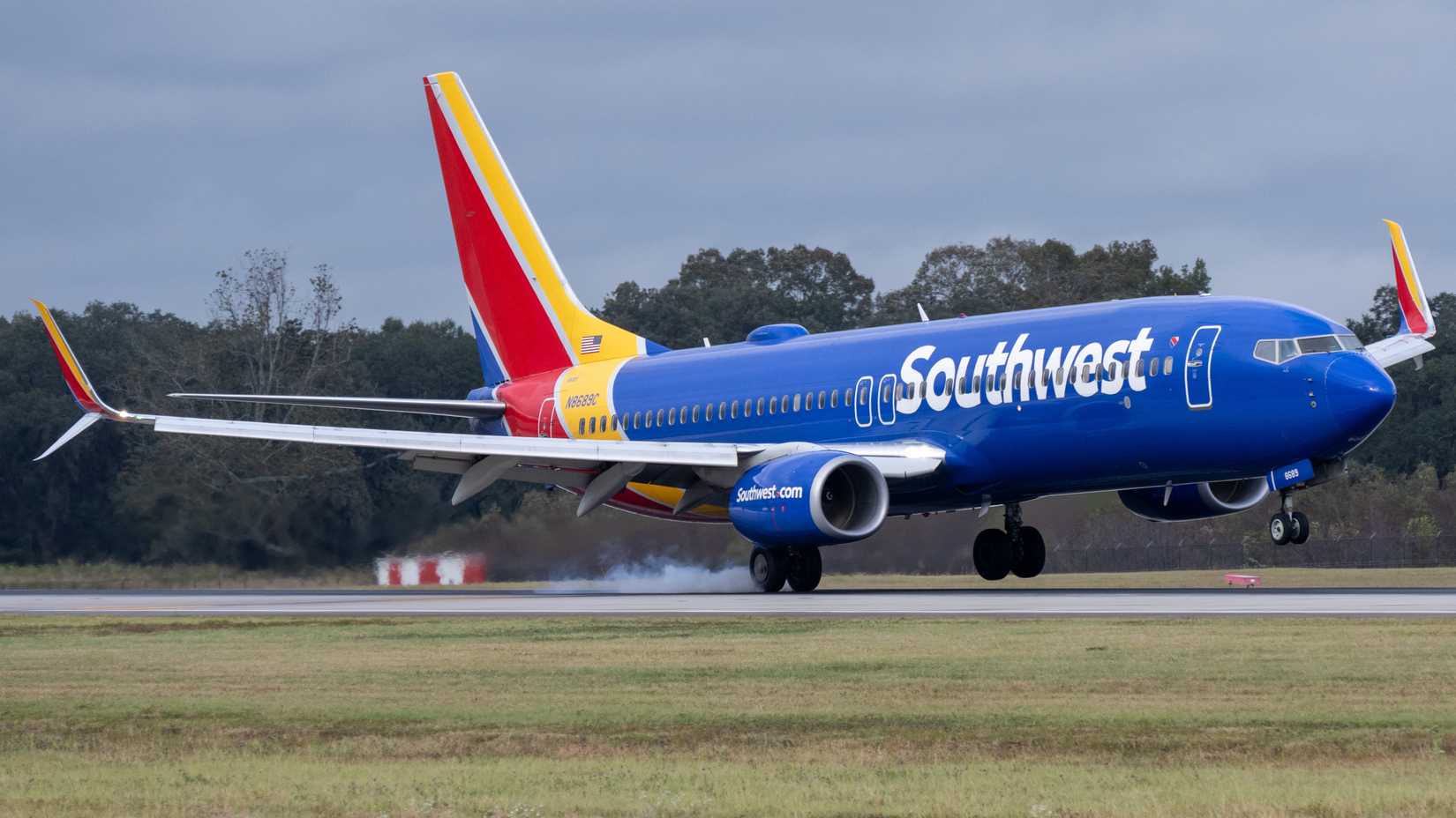 A Southwest Airlines Boeing 737 landing on a runway with smoke from the tires.
