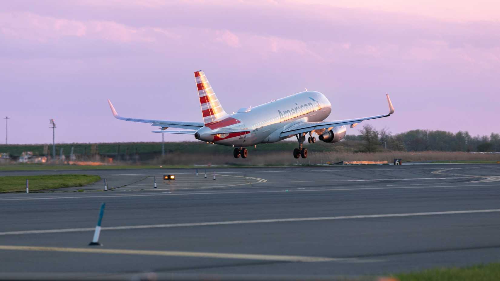 American Airlines plane departs Philadelphia International Airport (PHL).