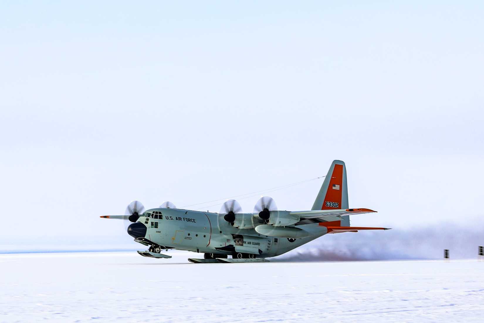 An LC-130 assigned to the 109th Airlift Wing, New York Air National Guard at McMurdo Station, Antarctica during the 2024-25 Operation Deep freeze support season.