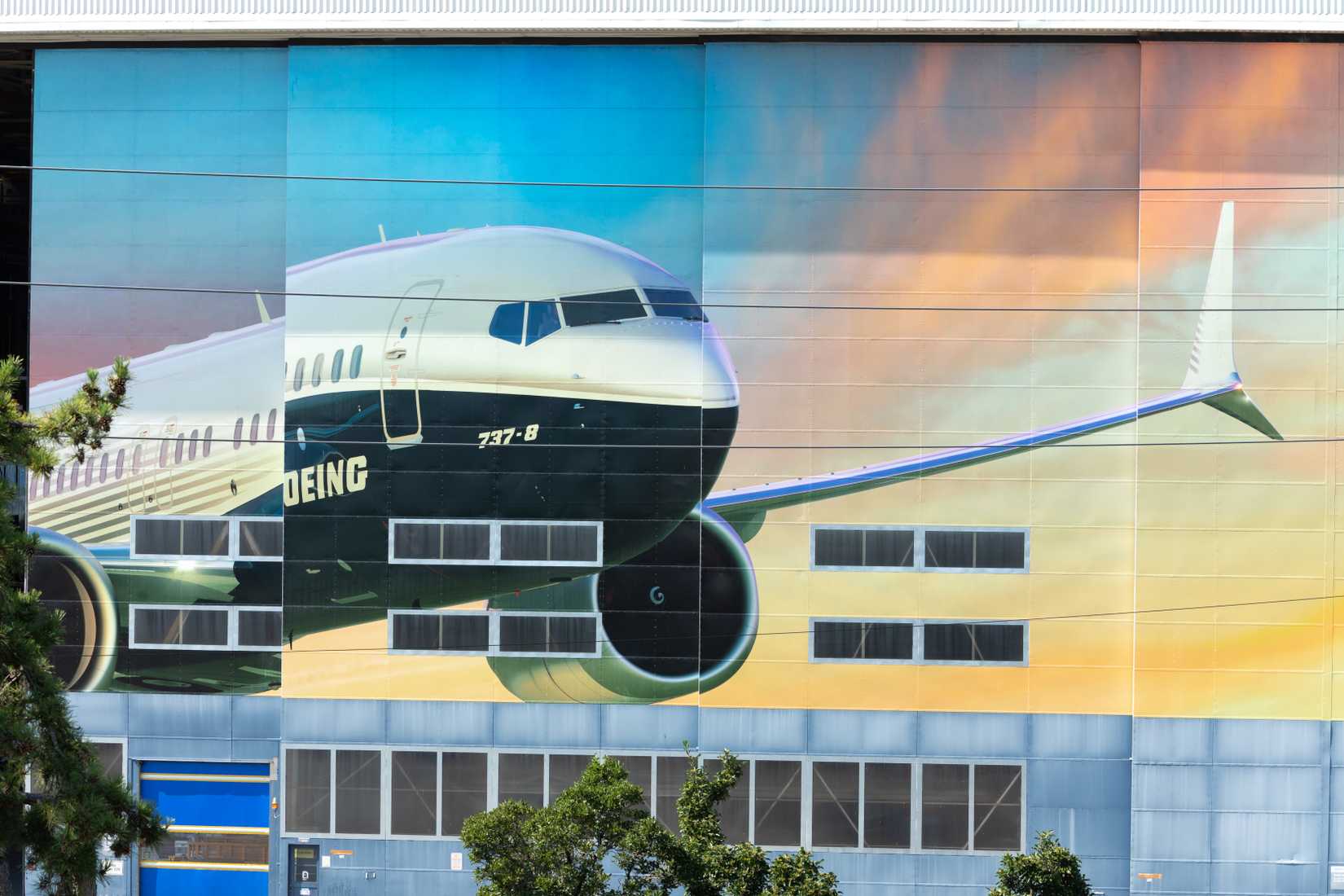 angar door for the Boeing 737 MAX airliner factory in Renton, with space for text on the right