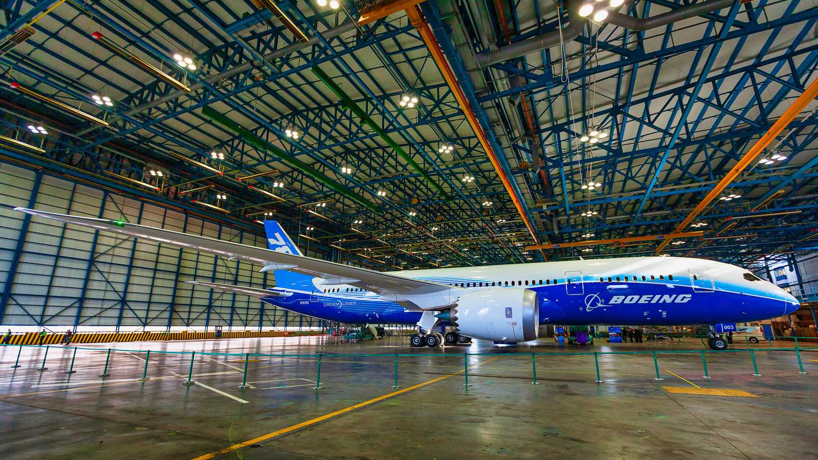 Boeing employees work on a Boeing 787 Dreamliner for delivery in Dublin Ireland.
