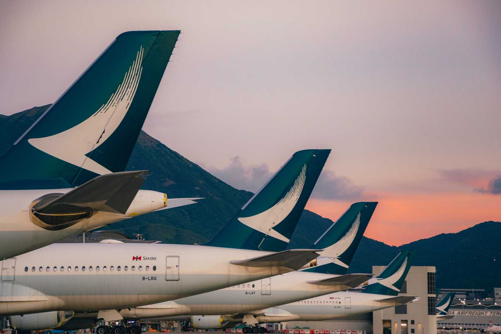 Cathay Pacific airline airplane grounded at Hong Kong International airport.