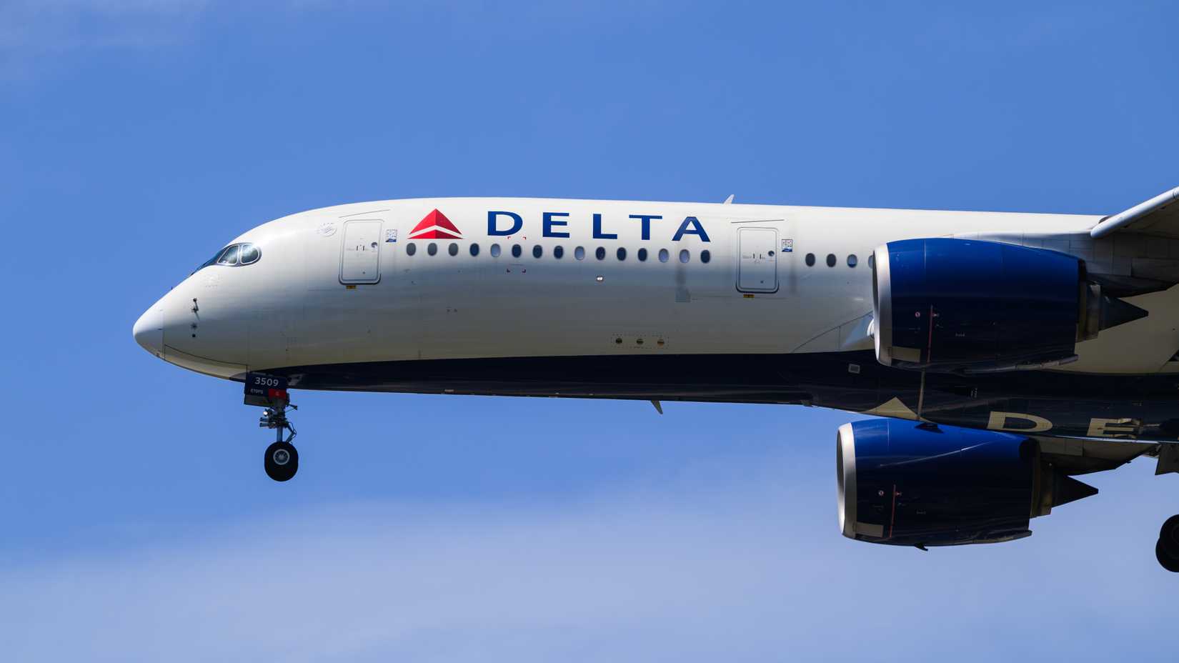 Delta Air Lines Airbus A350 passenger jet nose in closeup landing registration N509DN