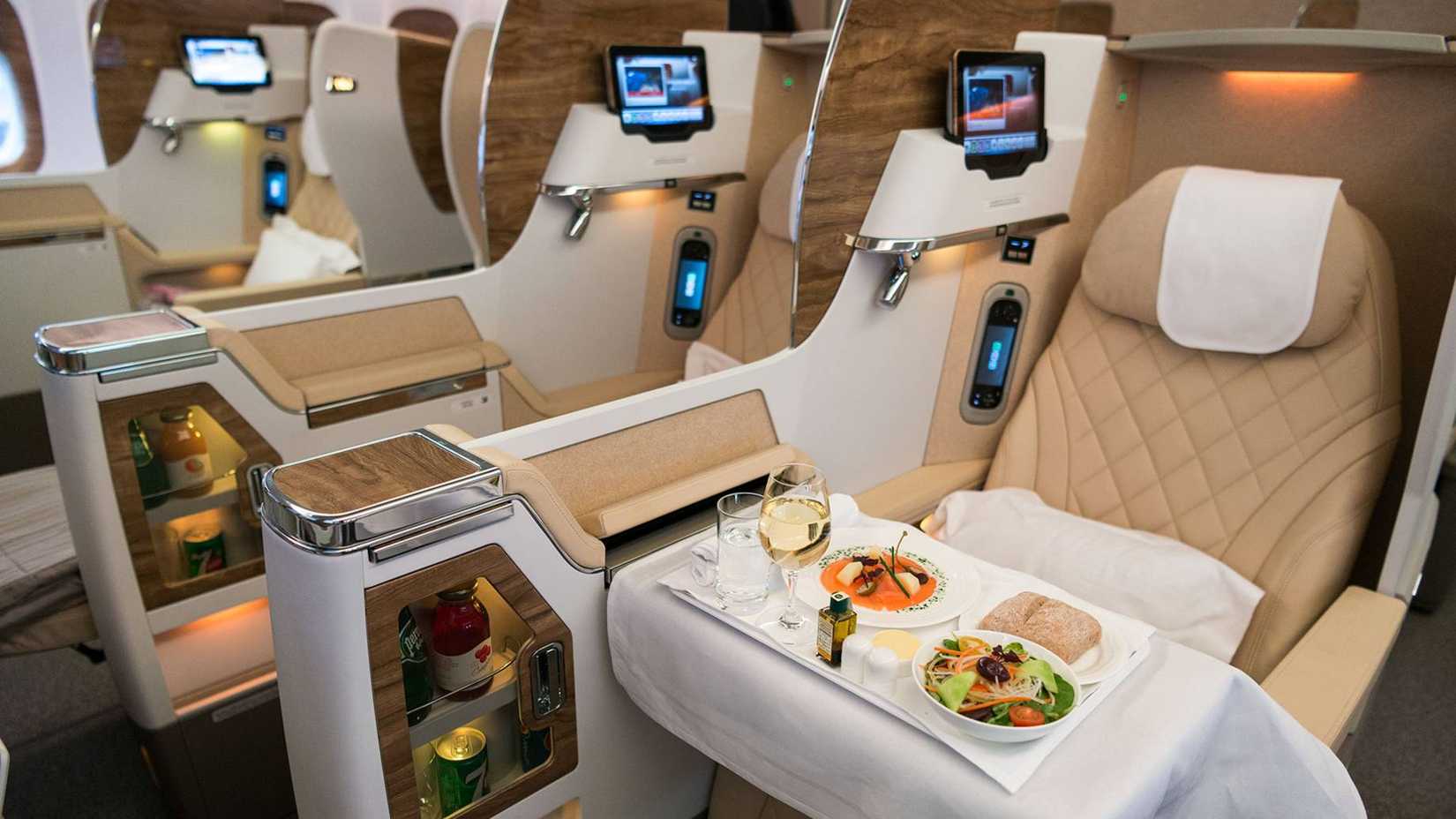 Emirates Boeing 777-300 ER Business class dining.