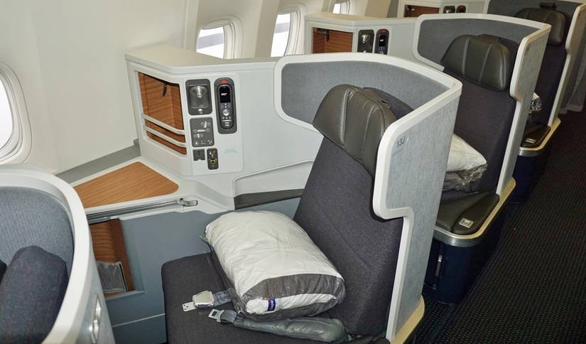 Interior view of Business class seats in the Business Class cabin of a Boeing 777-300 from American Airlines (AA)