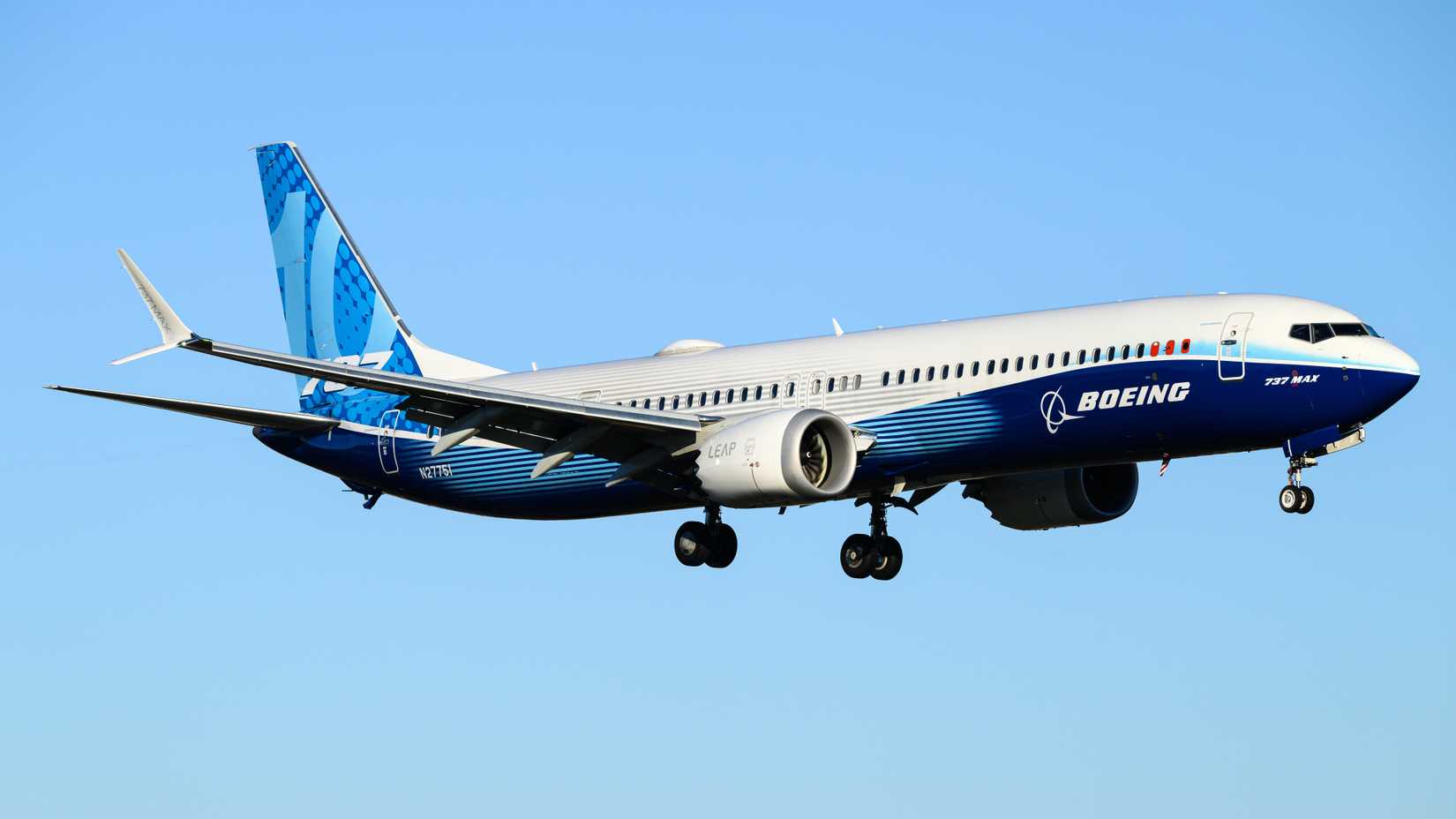 Boeing 737 MAX 10 experimental aircraft flying in company colors