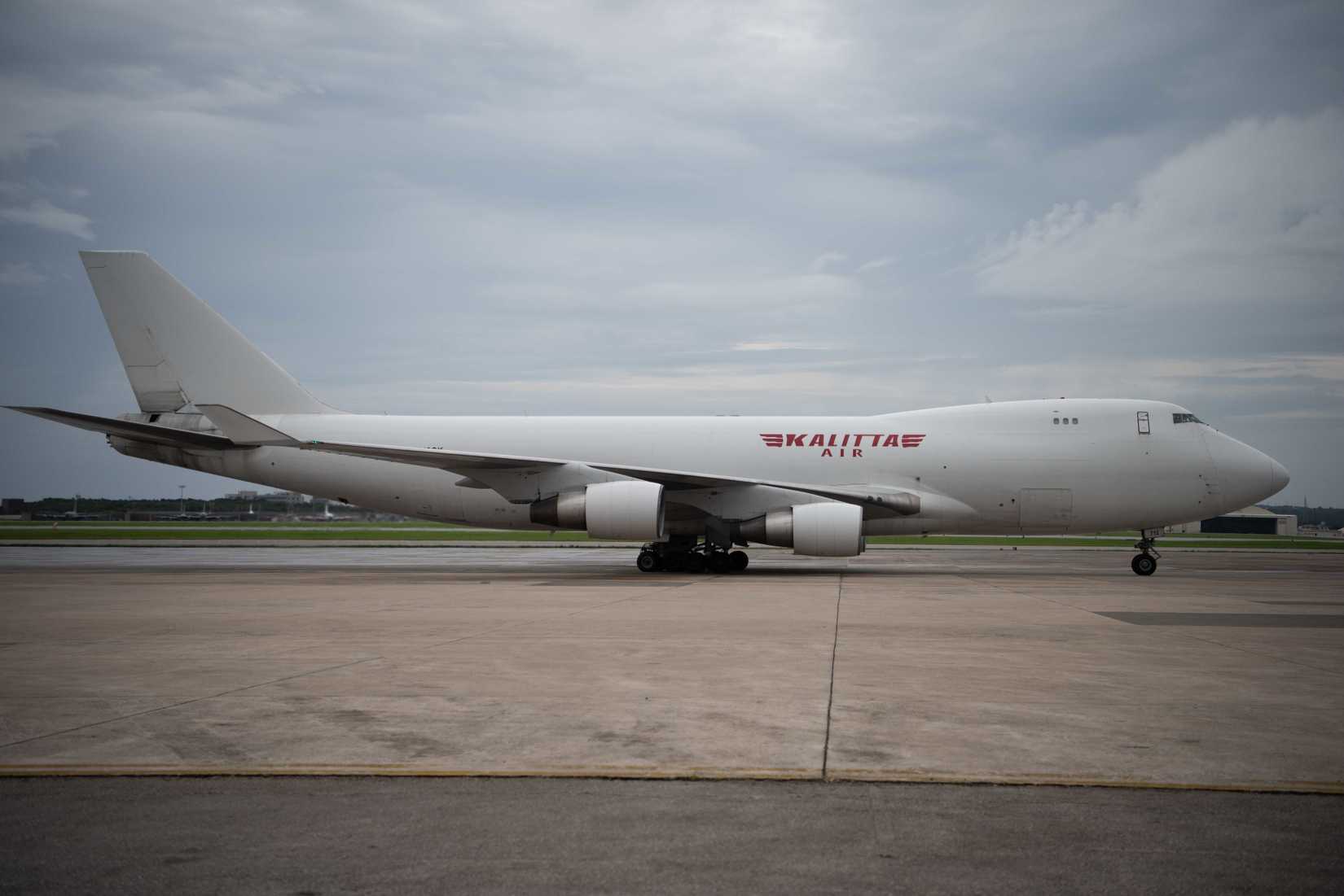 U.S. Air Force Airmen from the 139th Logistics Readiness Squadron conduct annual field training on a Boing 747 aircraft June 11, 2019, at Kadena Air Base, Japan.