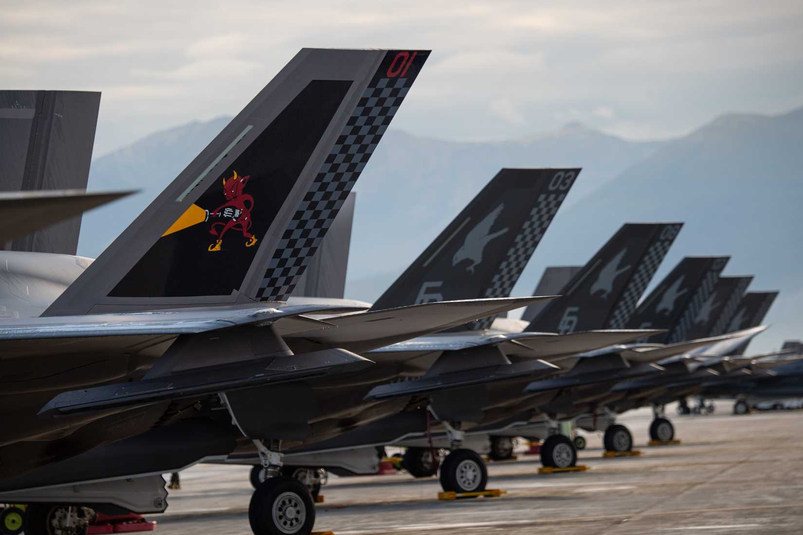 U.S. Marine Corps F-35B Lightning IIs assigned to the Marine Fighter Attack Squadron 533 (VMFA-533) sit on the flight line during exercise Northern Edge 2025.