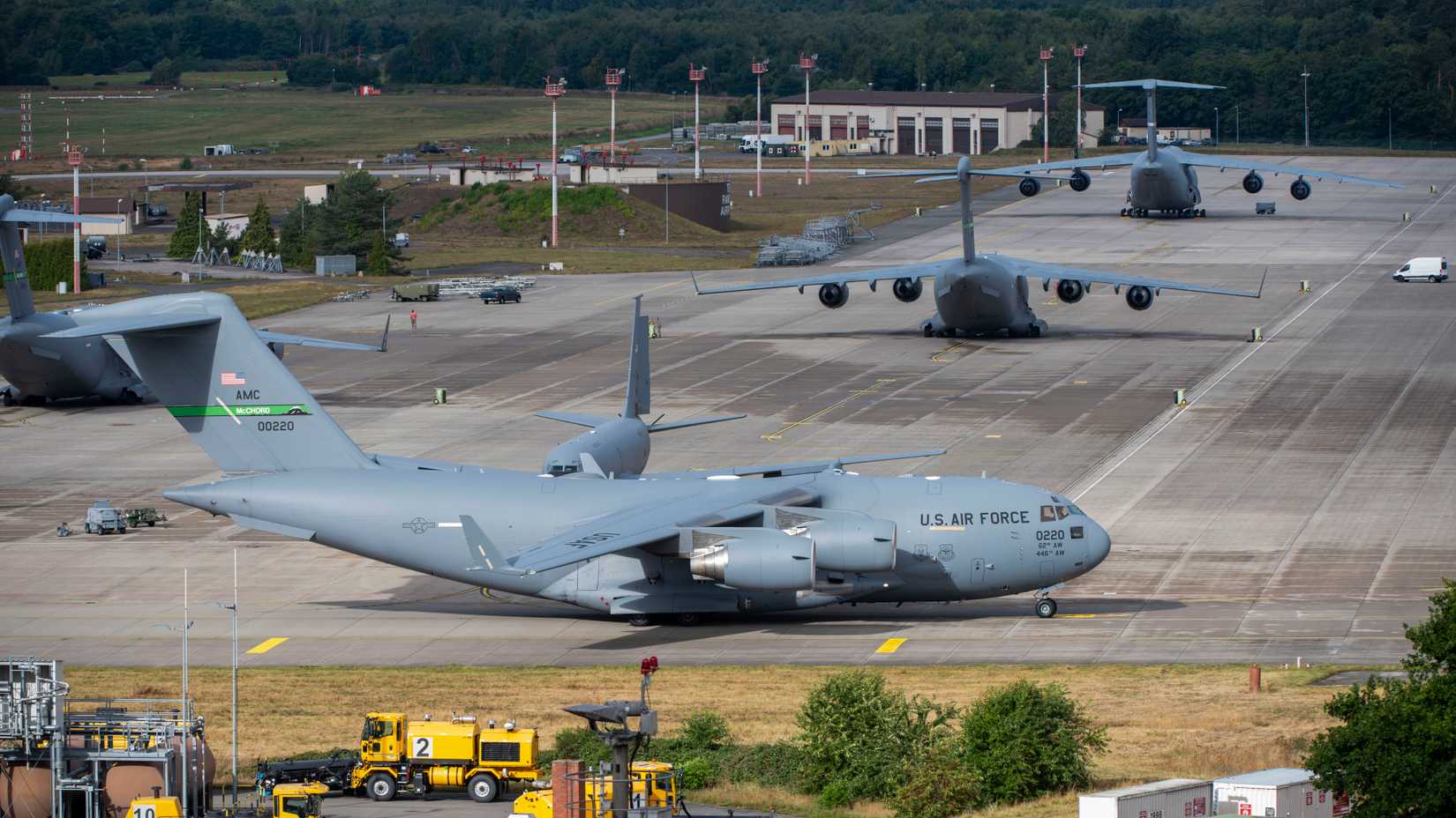 A C-17 Globemaster III aircraft assigned to Air Mobility Command, taxis on Ramstein Air Base, Germany, Sept. 3, 2025.