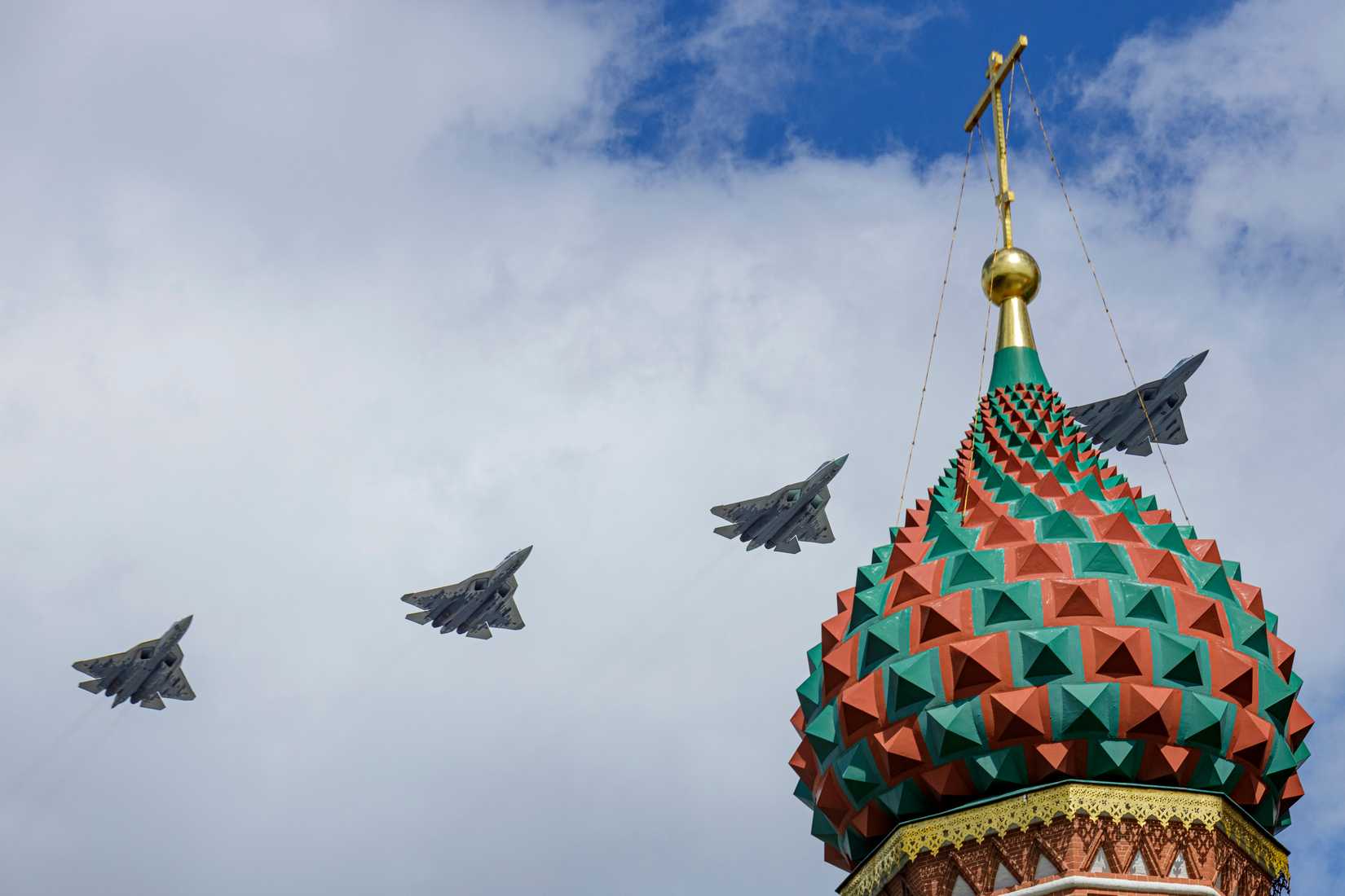 A formation of Su-57 Felons overfly the Kremlin in the Russian Federation before the Victory Parade in Moscow