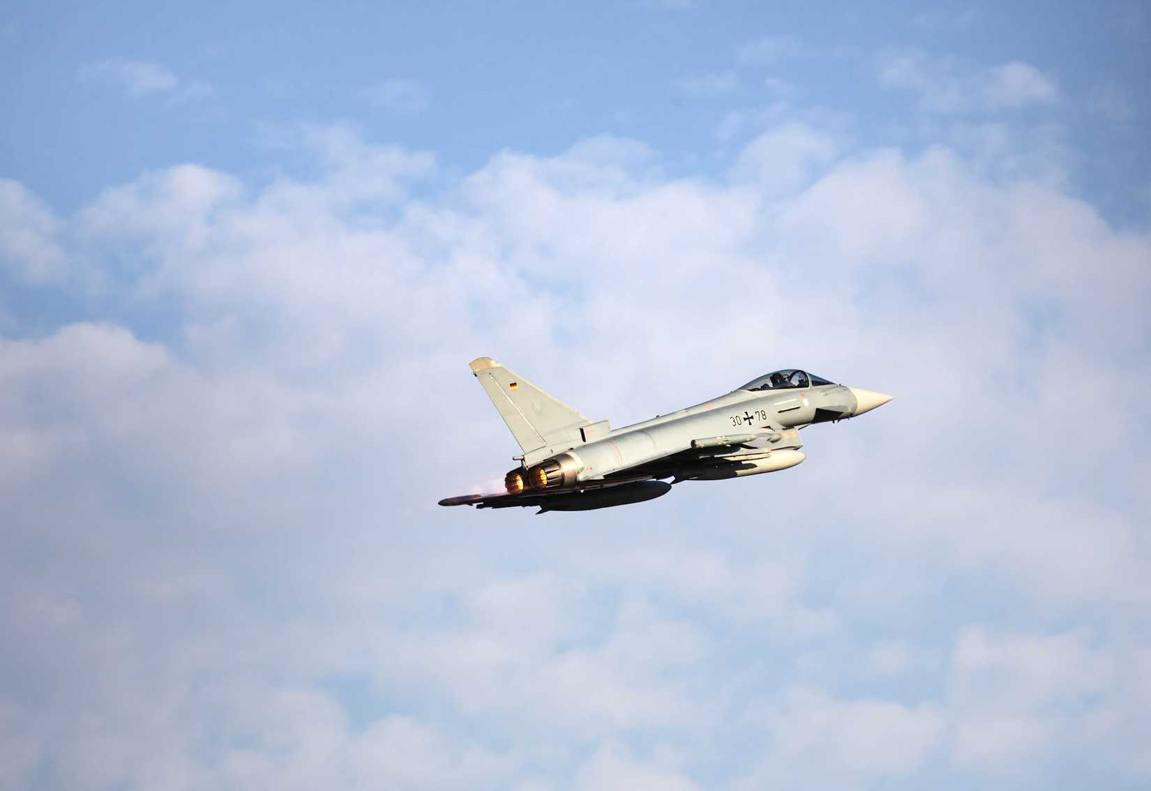 A German Eurofighter Typhoon multirole combat aircraft conducts a flyover during the 4th Annual Black Sea Air Show at Mihail Kogălniceanu International Airport, Romania, August 2, 2025.
