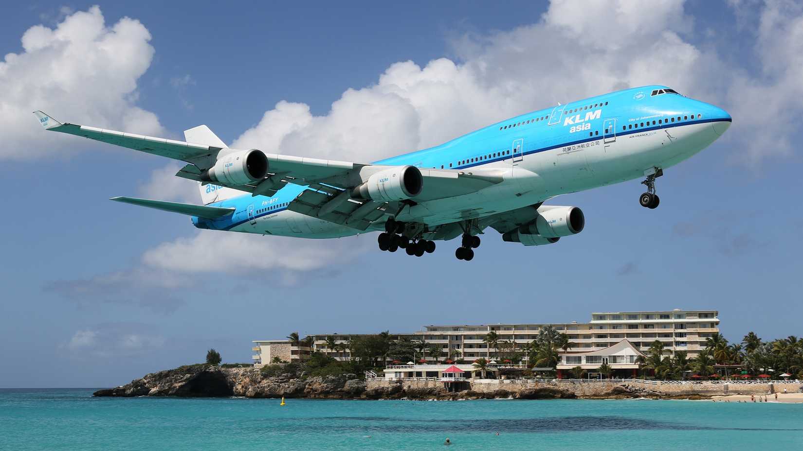 A KLM Boeing 747 approaching on February 9, 2014 in St. Martin. St. Martin is rated one of the most dangerous airports in the world.