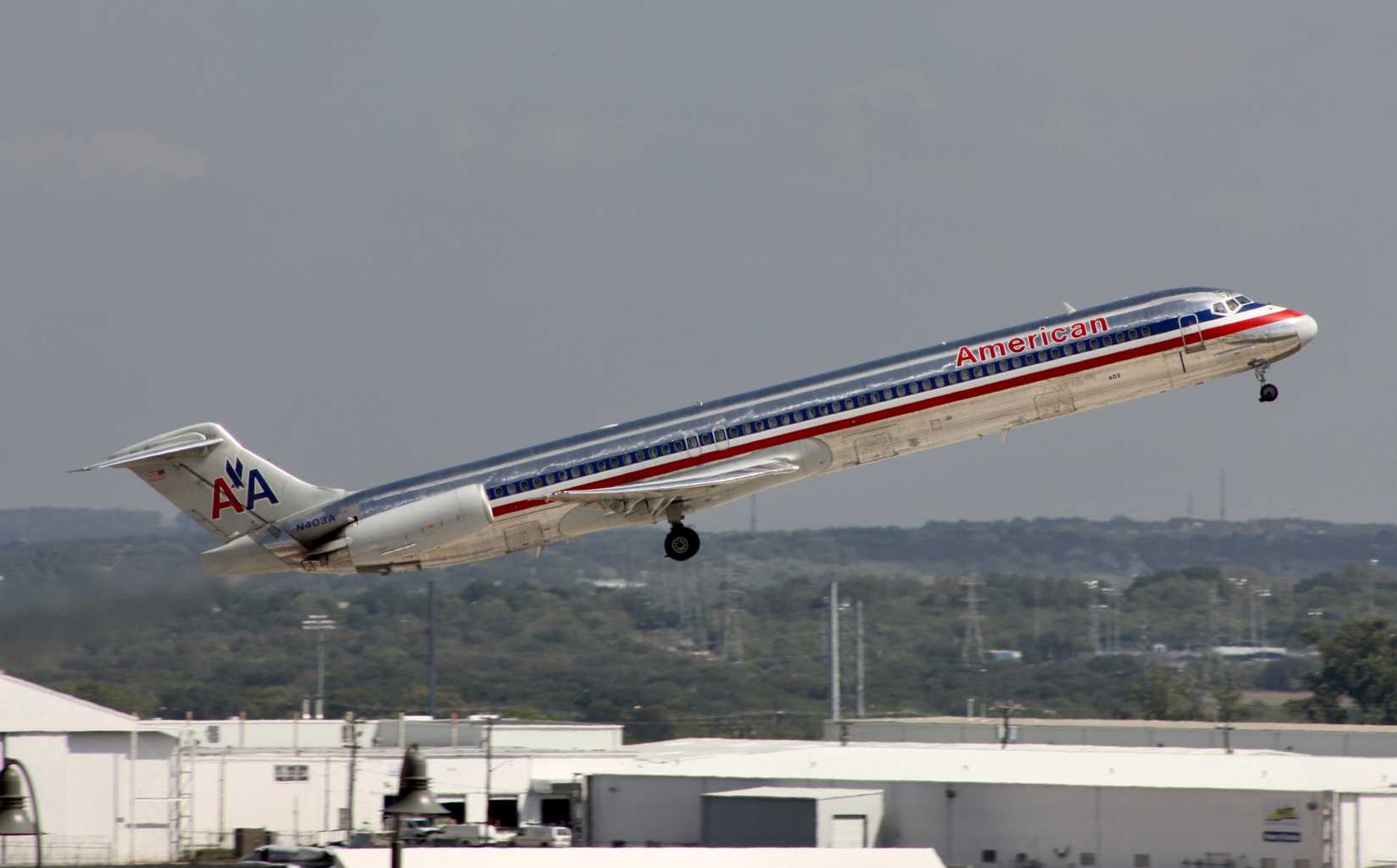 A McDonnell Douglas MD-82 of Dallas-based American Airlines departing San Antonio International Airport.