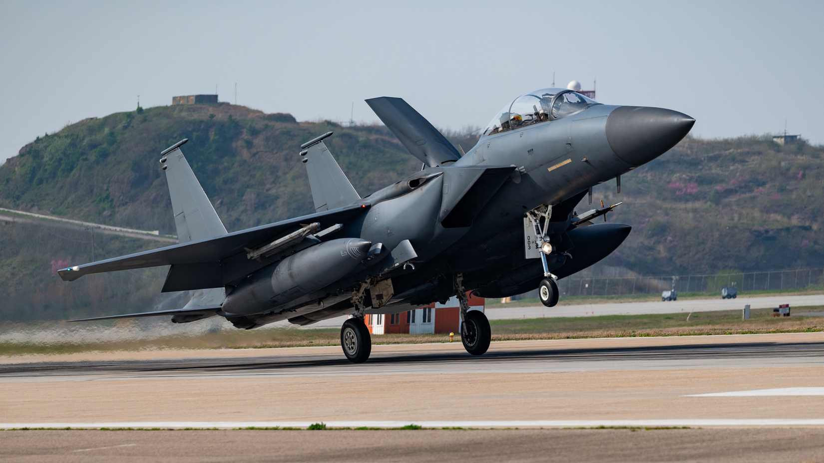 A Republic of Korea Air Force F-15K Slam Eagle, assigned to the 11th Fighter Wing, arrives for Korea Flying Training 2024 at Kunsan Air Base.