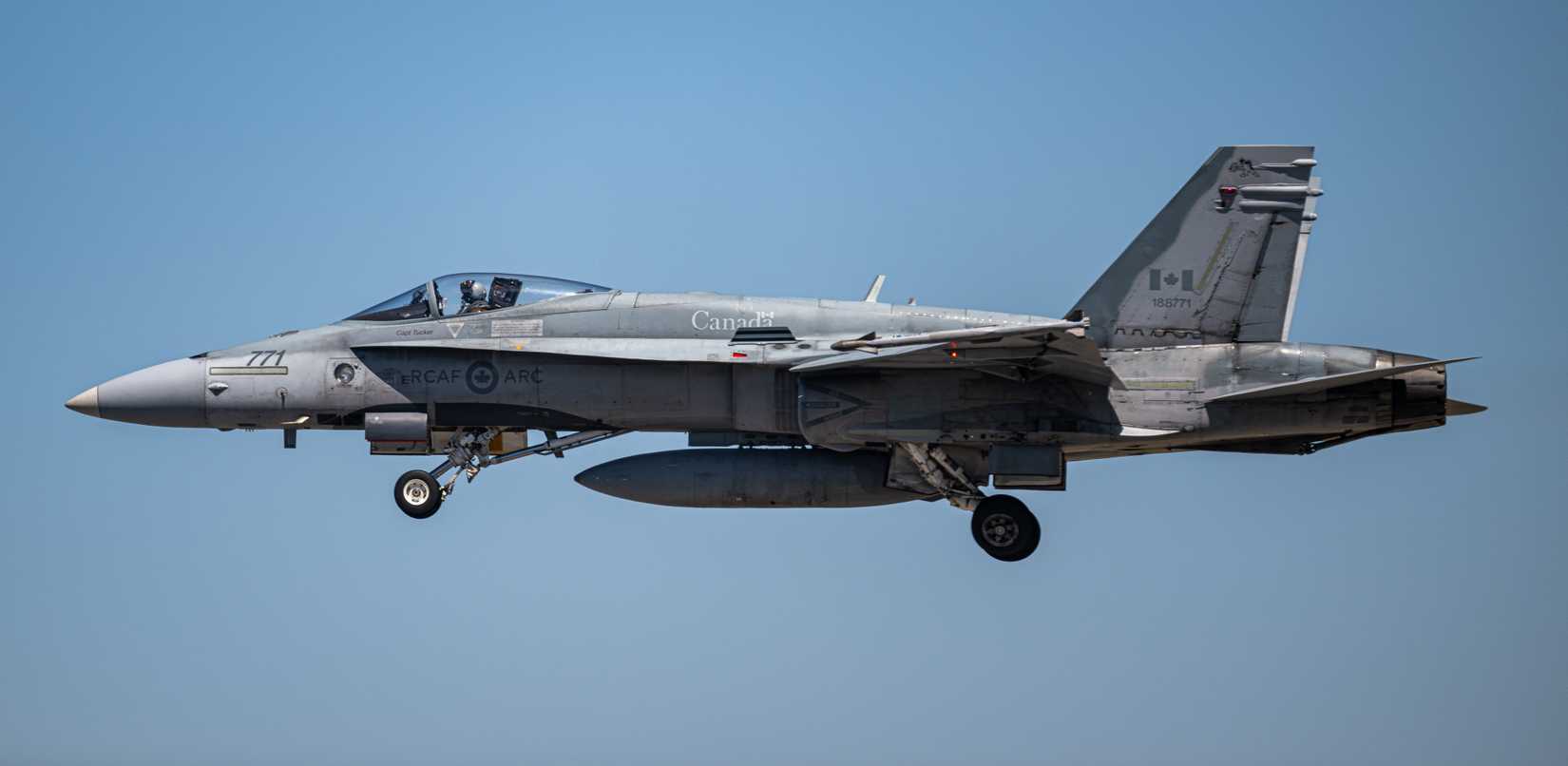 A Royal Canadian Air Force CF-188 Hornet flies overhead during Weapons System Evaluation Program-East 25.03 at Tyndall Air Force Base.