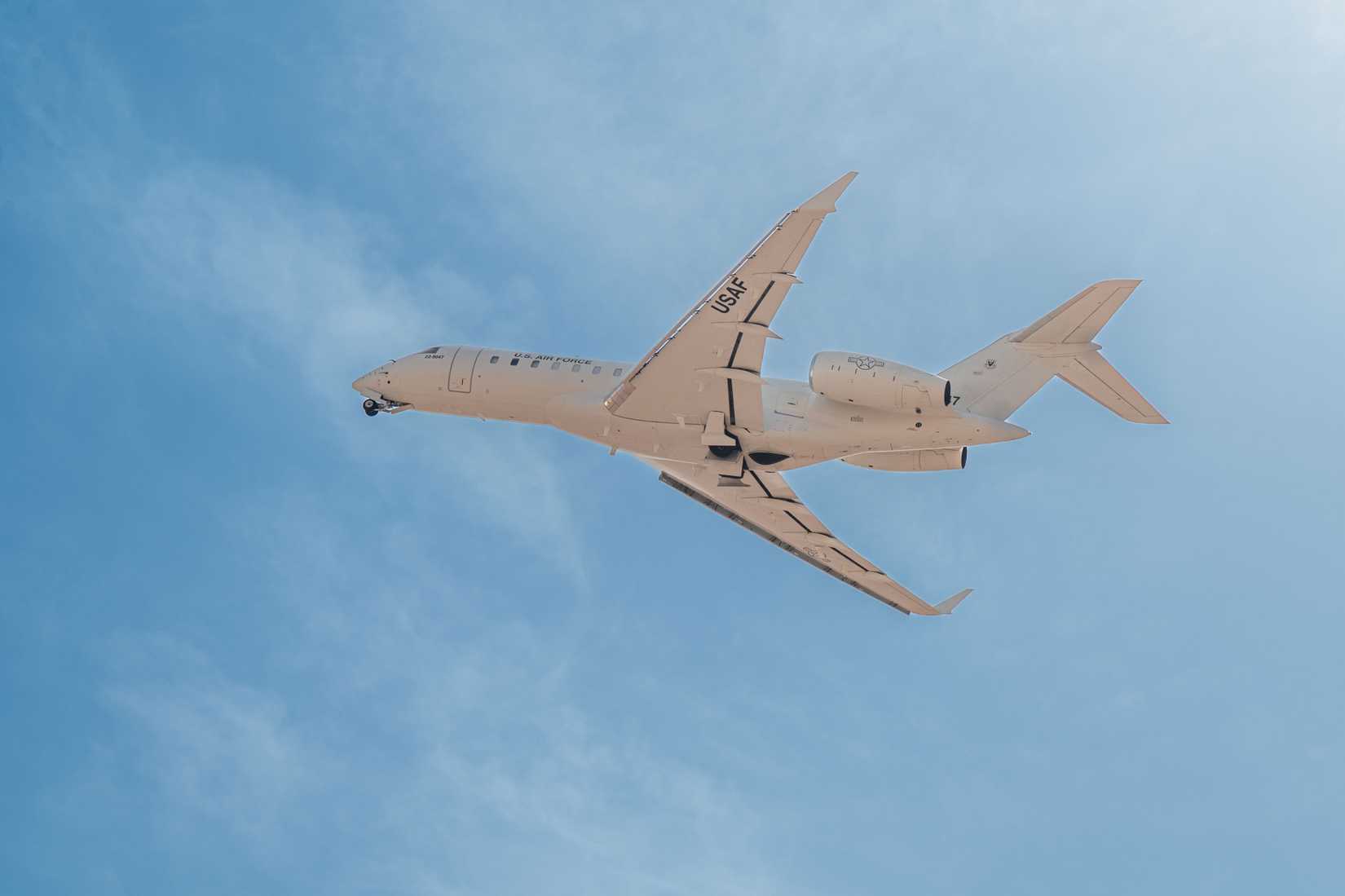 A US Air Force E-11A takes off within the U.S. Central Command area of responsibility, Aug. 19, 2025.