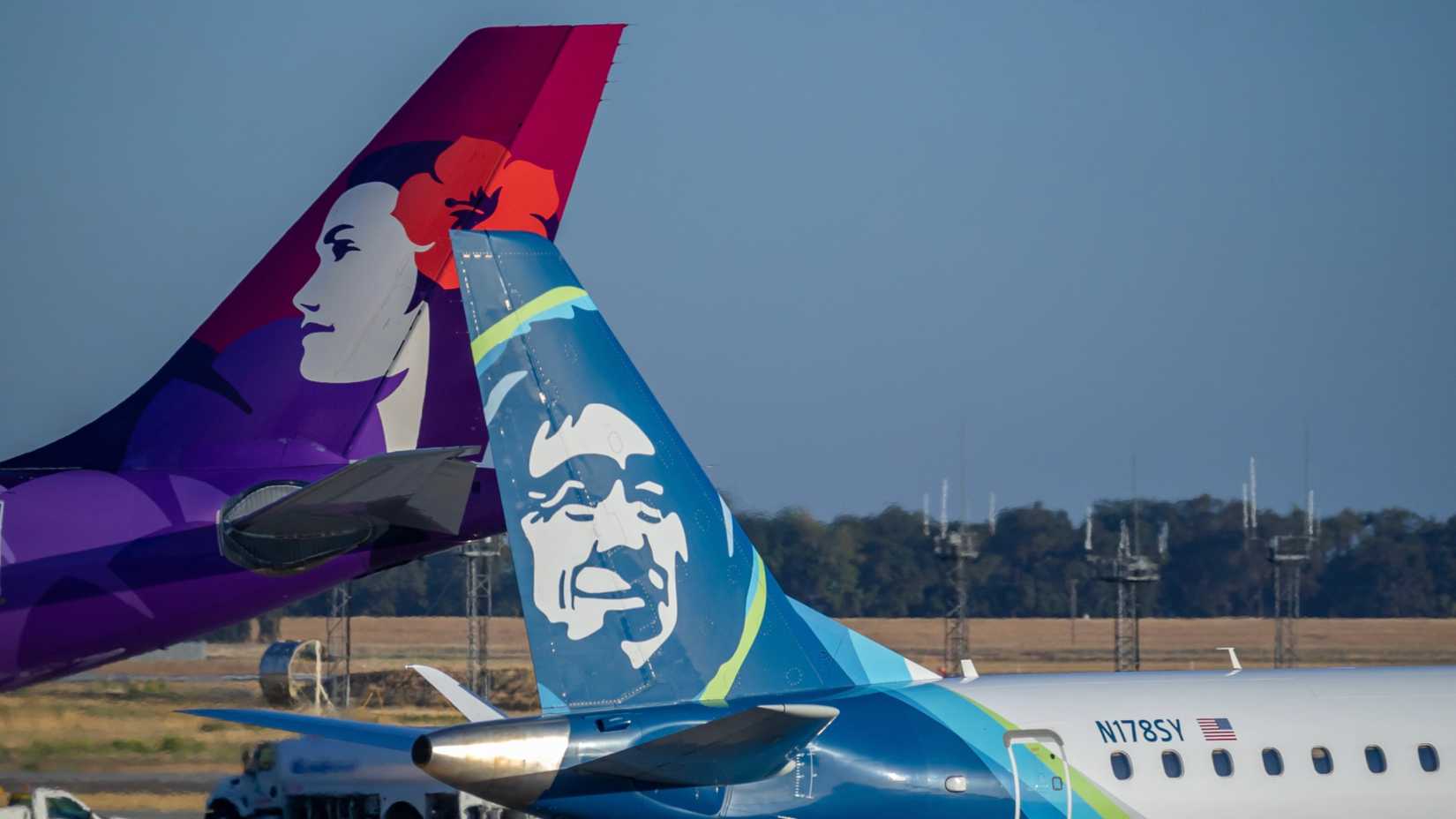Alaska Airlines and Hawaiian Airlines aircraft tails 