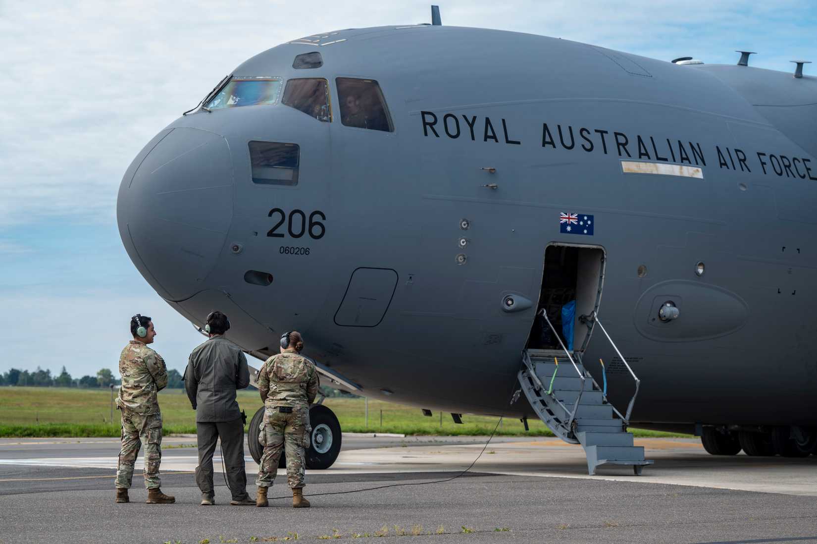Air Force Airmen provide support for a Royal Australian Air Force C-17 Globemaster III through the international cross-servicing agreement at Joint Base McGuire-Dix-Lakehurst, N.J., Aug. 29, 2025.