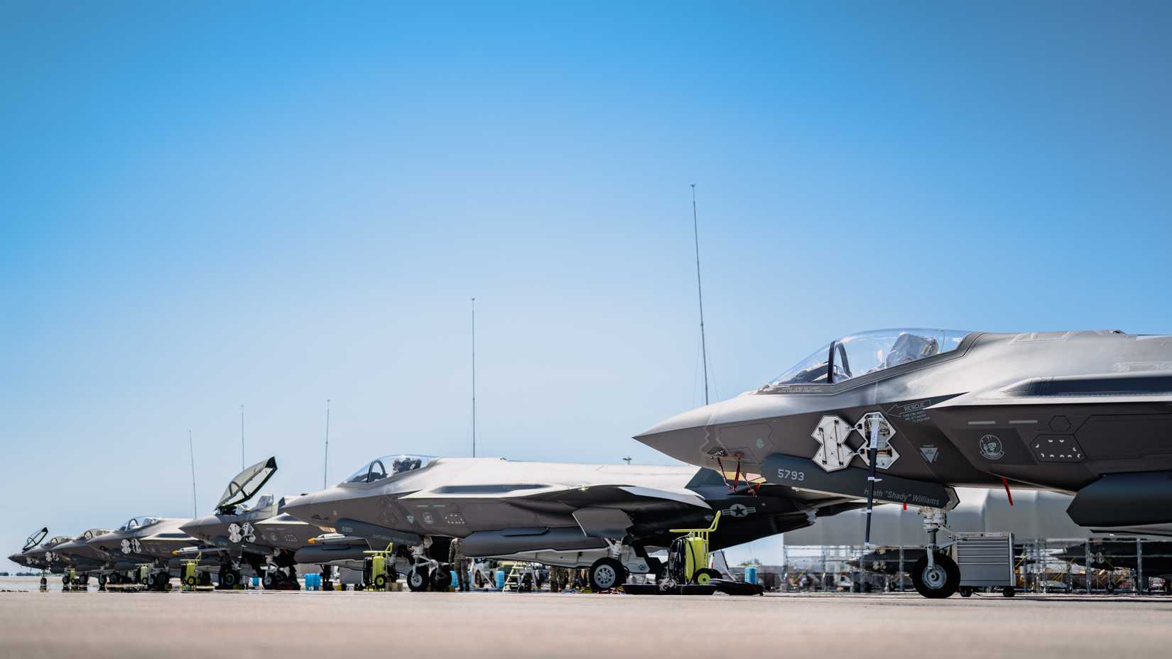 Air Force F-35A Lightning II aircraft sit on the flight line at Tyndall Air Force Base, Florida, Aug. 28, 2025.