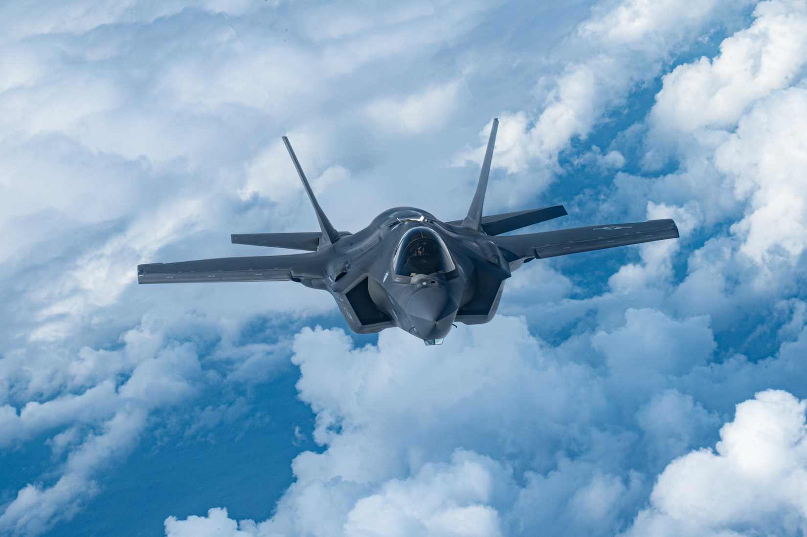 Air Force F-35A Lightning II from the 48th Fighter Wing at RAF Lakenheath, approaches a KC-135 Stratotanker at RAF Mildenhall, England, Sept. 4, 2025.