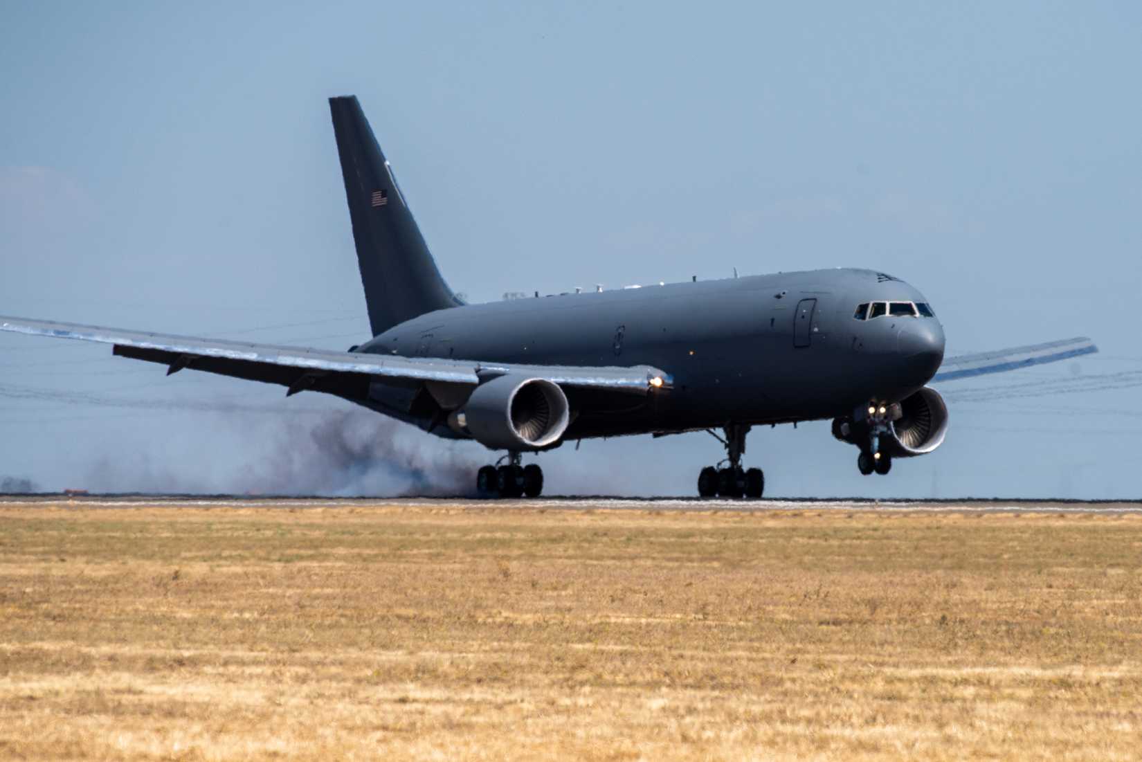 Air Force KC-46A Pegasus assigned to the 6th Air Refueling Squadron lands on the flight line.