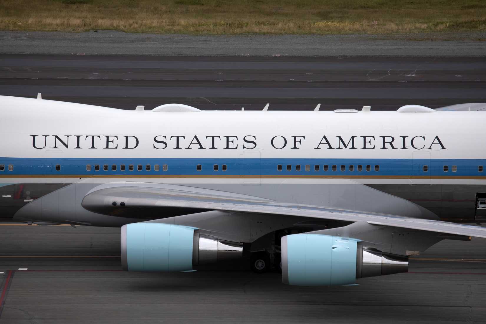 Air Force One sits on the runway as U.S. President Donald J. Trump arrives at Joint Base Elmendorf-Richardson, Aug. 15, 2025.