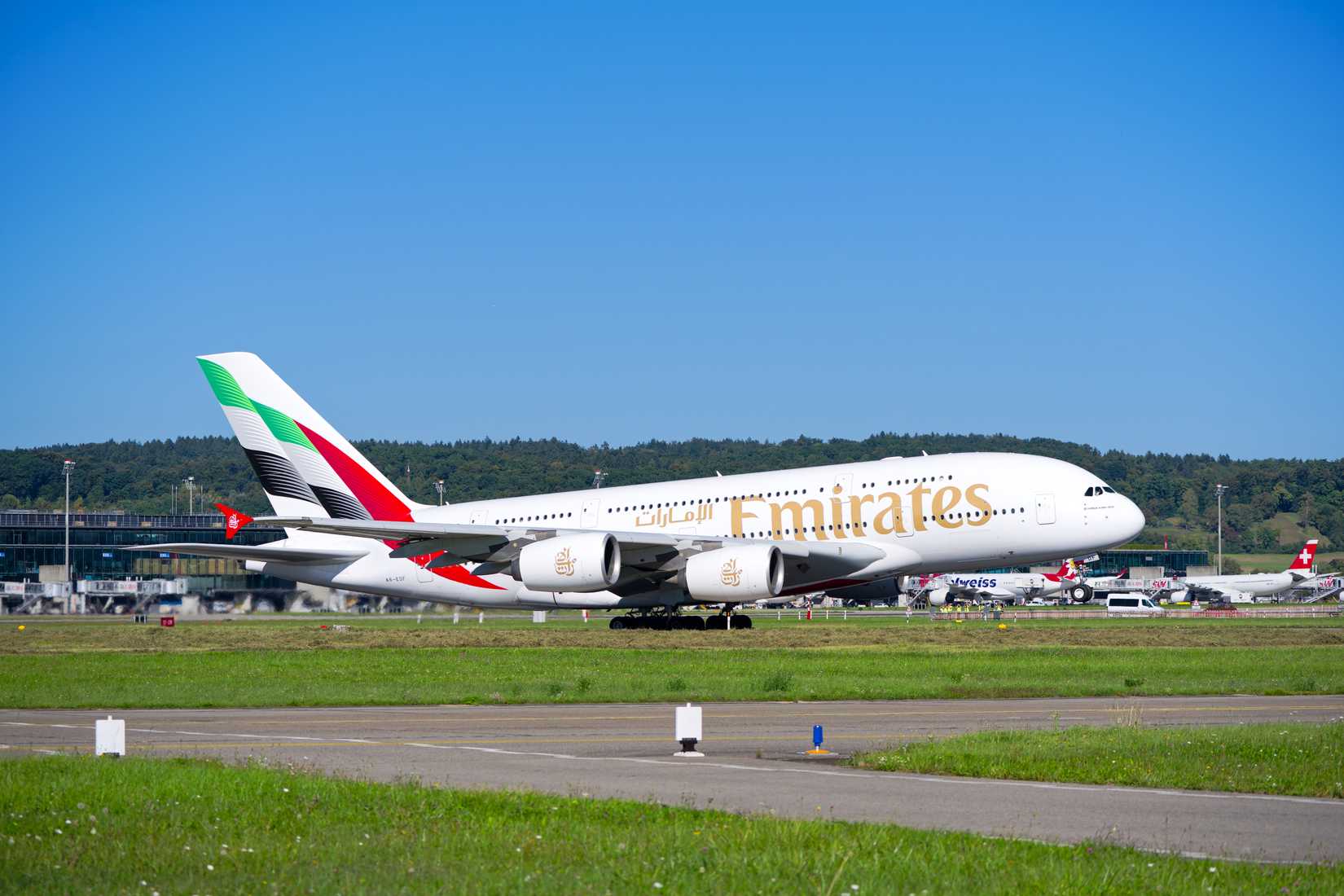 Airbus A380-800 registration A6-EDF leaving Swiss Airport Zürich Kloten on a sunny late summer day. Photo taken September 19th, 2025, Zurich Kloten, Switzerland.