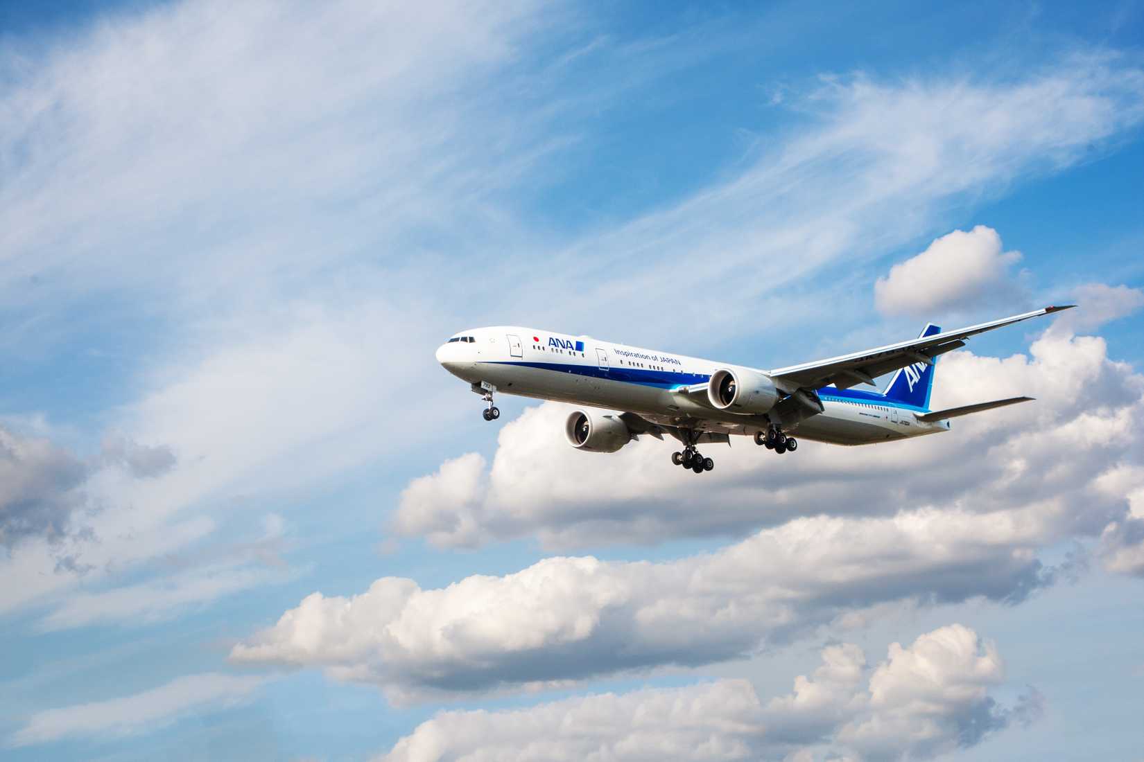 All Nippon Airways Boeing 777-300ER landing at London Heathrow.