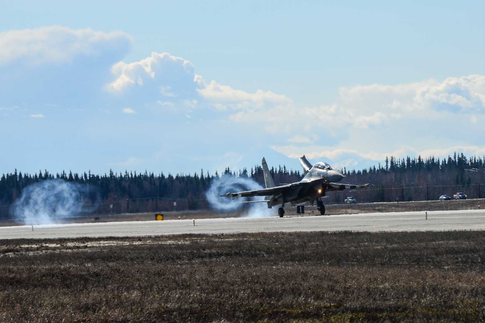 An Indian Air Force Su-30MKI fighter aircraft lands at Eielson Air Force Base, Alaska, April 16, 2016.