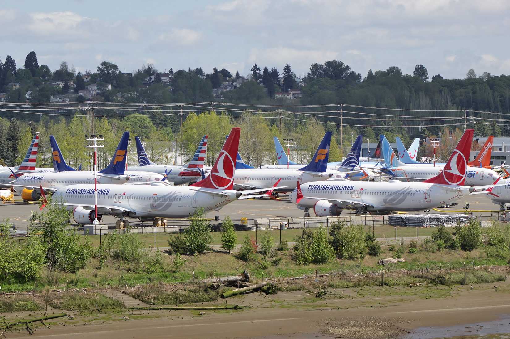 A photo taken of grounded Boeing 737 MAX aircraft at Boeing Field.
