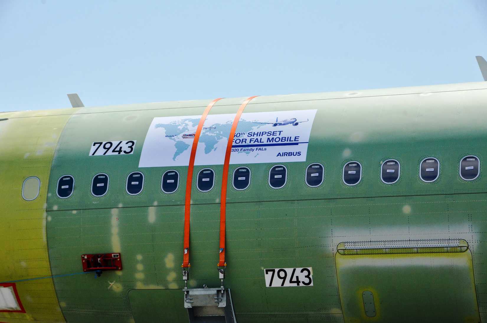 Close-up of 50th A320 Family fuselage arriving in Mobile, Alabama.