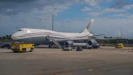 Cover, Boeing 747 formerly owned by Qatar's royal family on tarmac at Palm Beach International Airport.