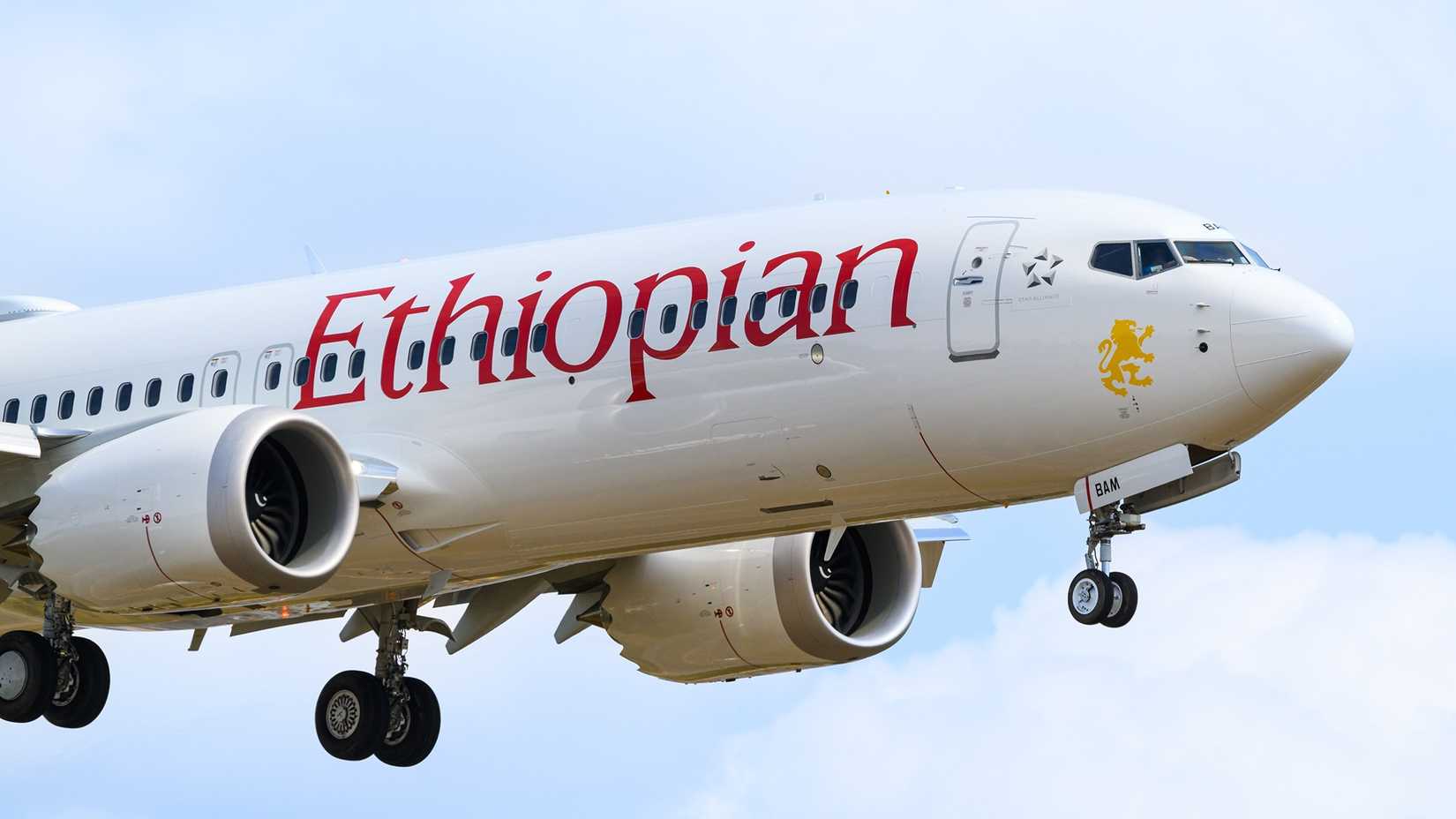 Ethiopian Airlines Boeing 737 Max 8 landing in closeup with airline livery registration ET-BAM.