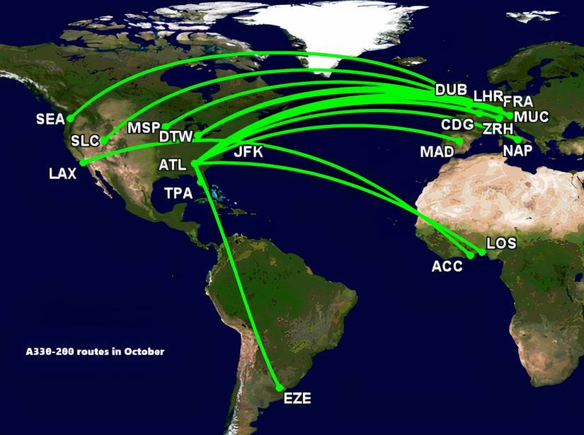 DL A330-200 routes in October 2025