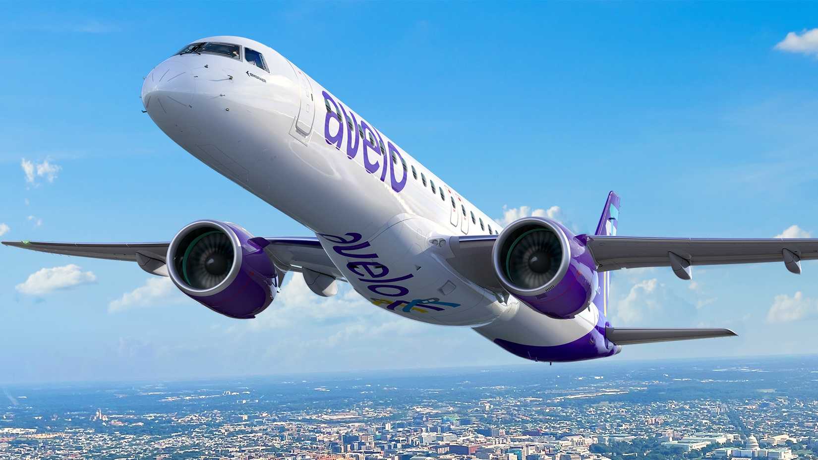 An Avelo Airlines Embraer E195 E2 rendering flying over Washington.