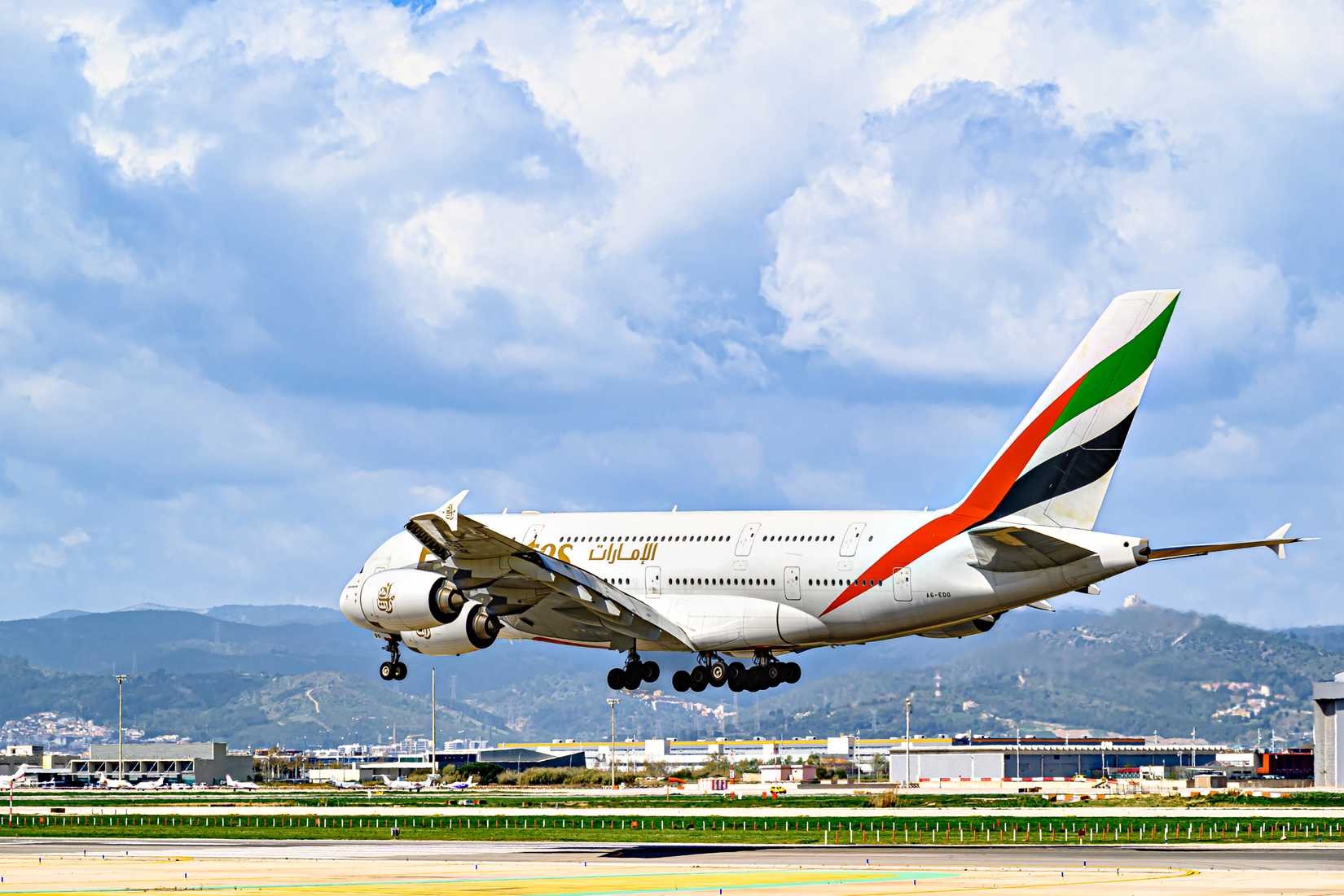 Emirates Airbus A380 landing at Josep Tarradellas Airport in Barcelona-El Prat-1