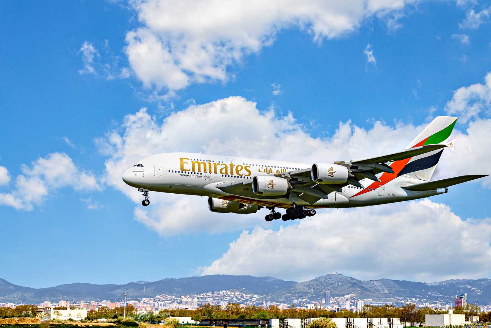 Emirates Airbus A380 landing at Josep Tarradellas Airport in Barcelona-El Prat.