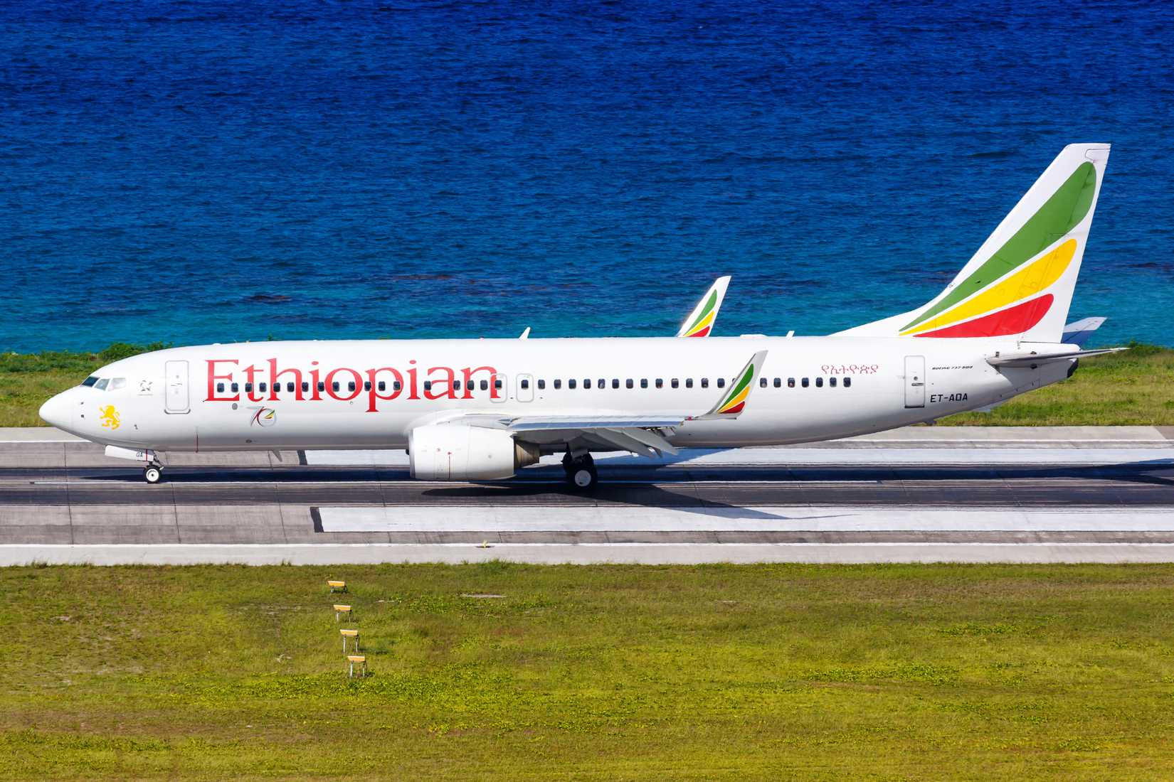 Ethiopian Boeing 737-800 airplane at Seychelles International Airport (SEZ) in the Seychelles.